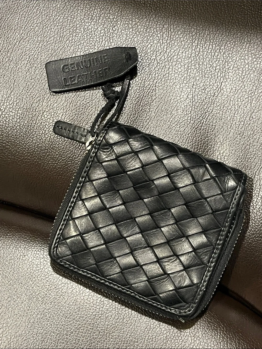 Compact Genuine Leather Black Woven Zip-Around & Snap Bi-fold Wallet EUC
